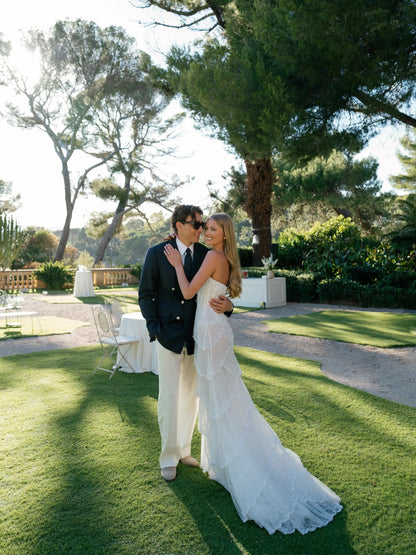 Strapless Tiered Beaded Tulle Wedding Gown
