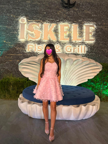 Strapless 3D Floral Applique Tulle Mini Dress