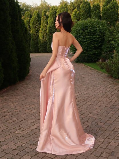 Strapless Satin Corset Evening Gown with Side Draping