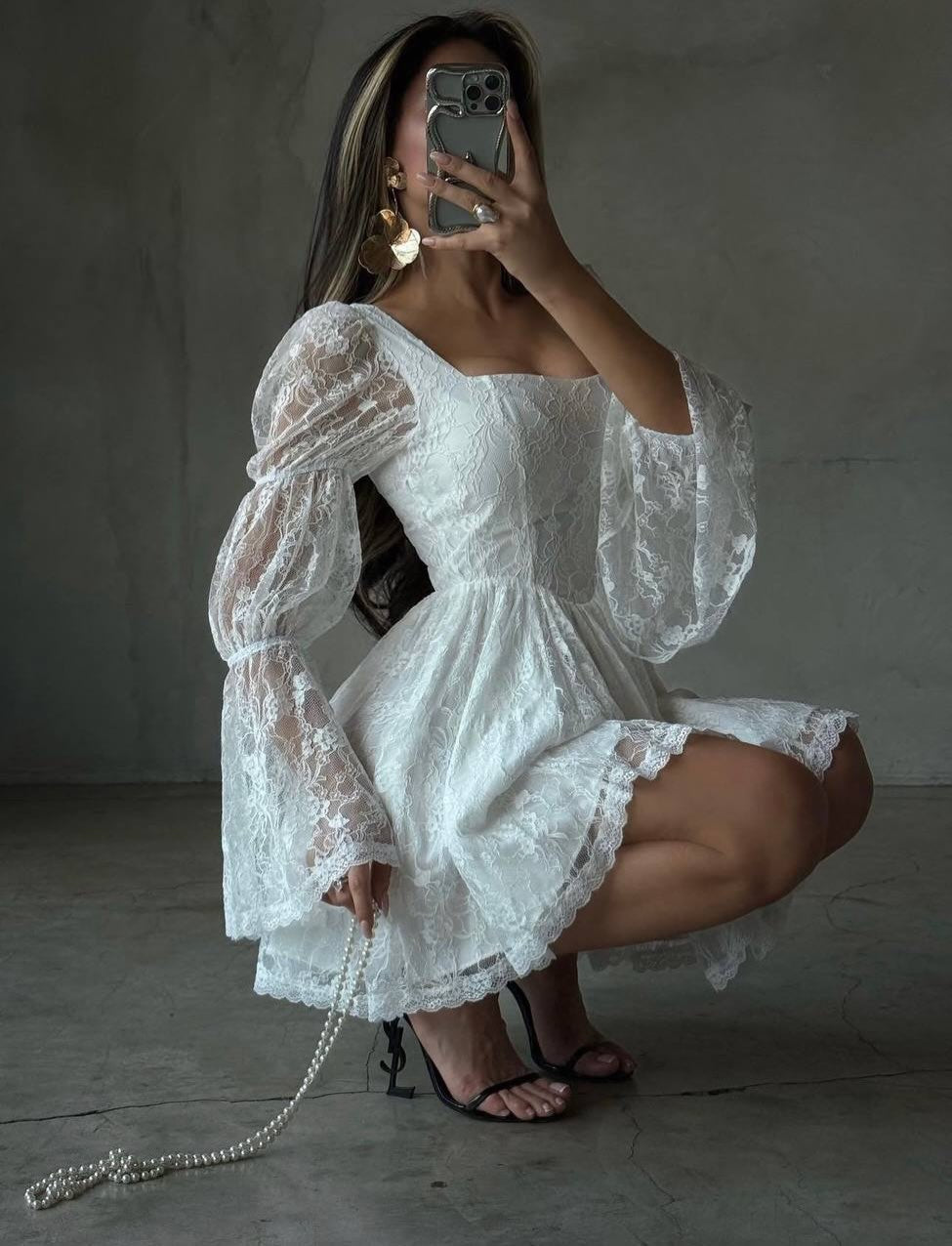 A-Line Square Neck Lace Mini Dress with Bell Sleeves