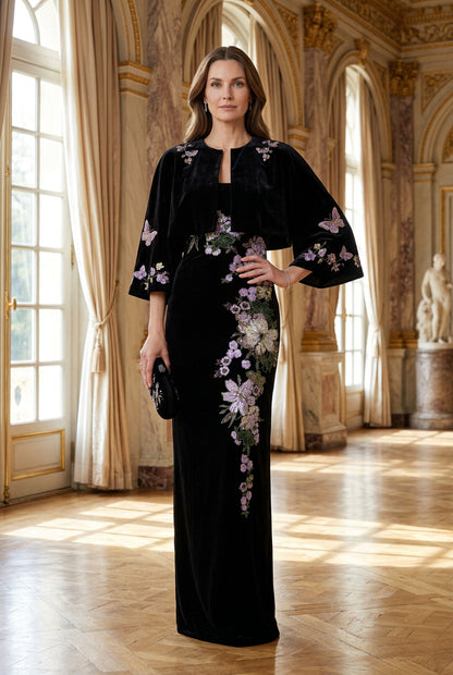 Velvet Column Gown with Floral Beading & Cape