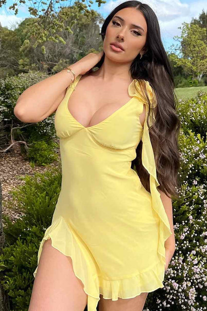 Asymmetrical Ruffled Mini Dress with 3D Flower