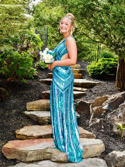 Sequin Open Back High Slit Evening Gown