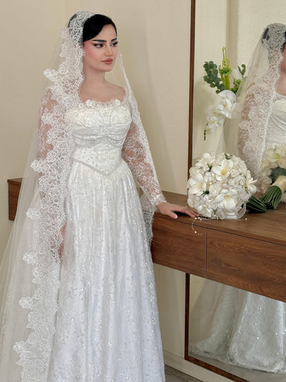 A-Line Lace Long Sleeve Corset Wedding Dress