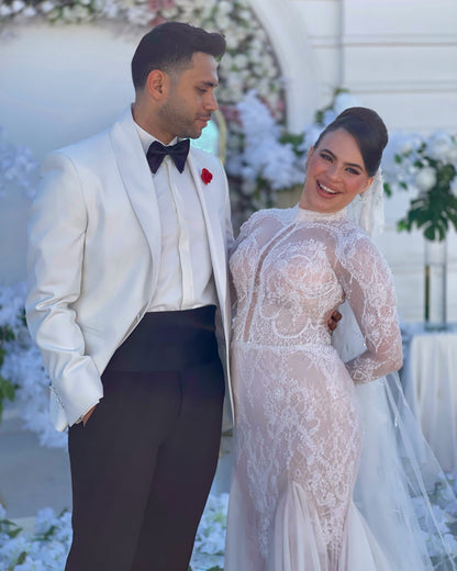 High-Neck Illusion Lace Mermaid Wedding Dress