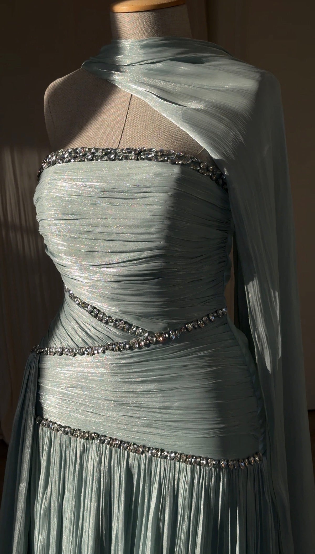 Ruched Column Gown with Draped Cape and Crystal Trim