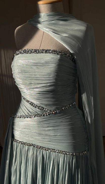 Ruched Column Gown with Draped Cape and Crystal Trim