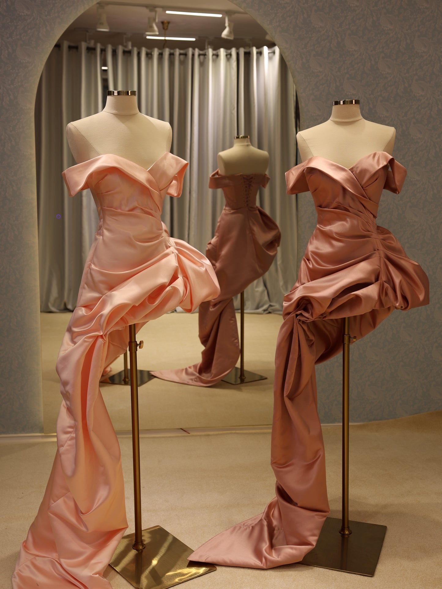 Asymmetric Draped Satin Evening Gown with Train