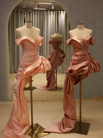 Asymmetric Draped Satin Evening Gown with Train