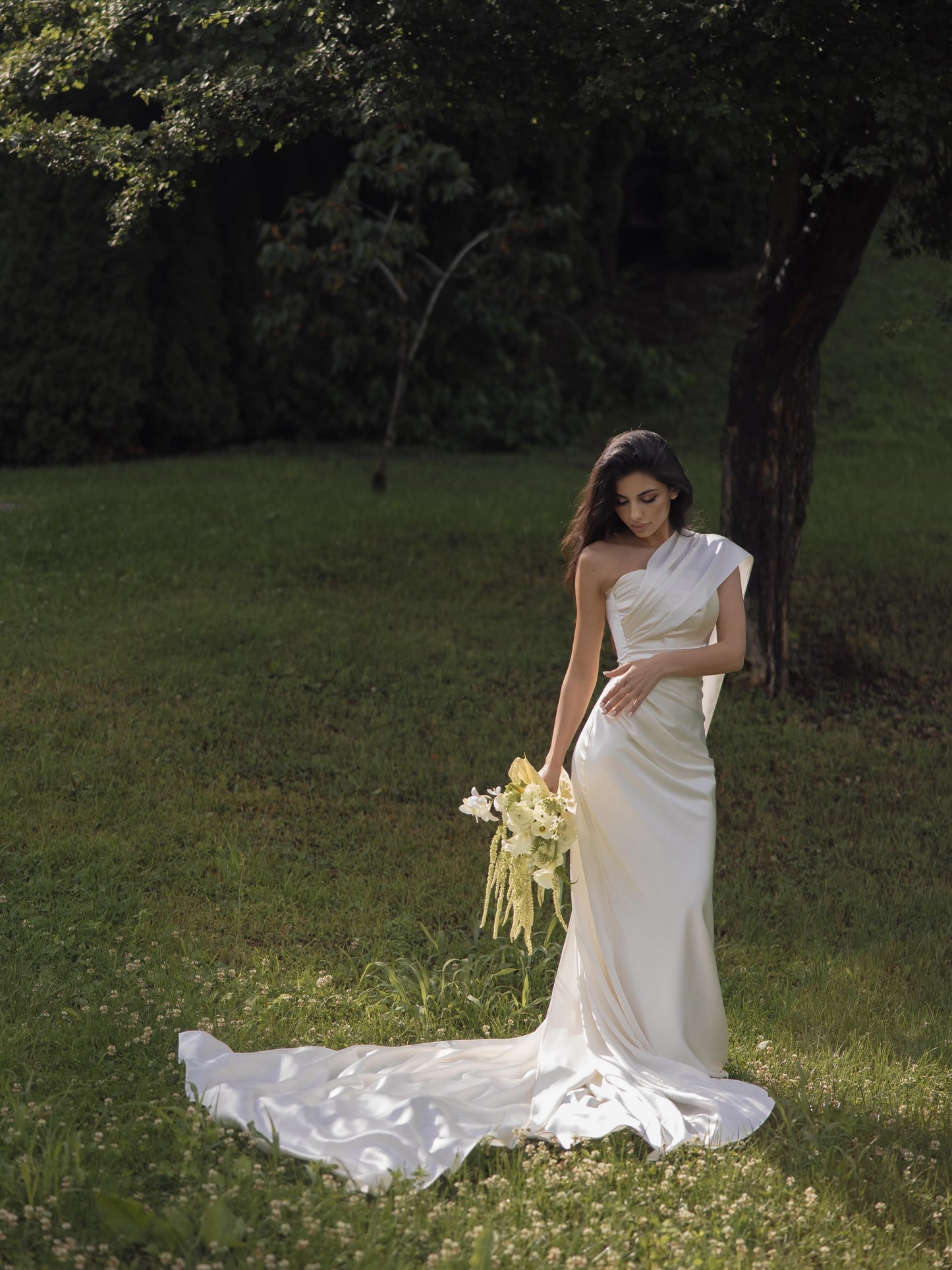 One-Shoulder Satin Wedding Dress with Hooded Shawl