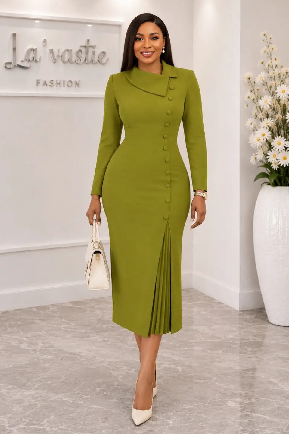 Asymmetric Lapel Midi Sheath Dress with Pleated Slit