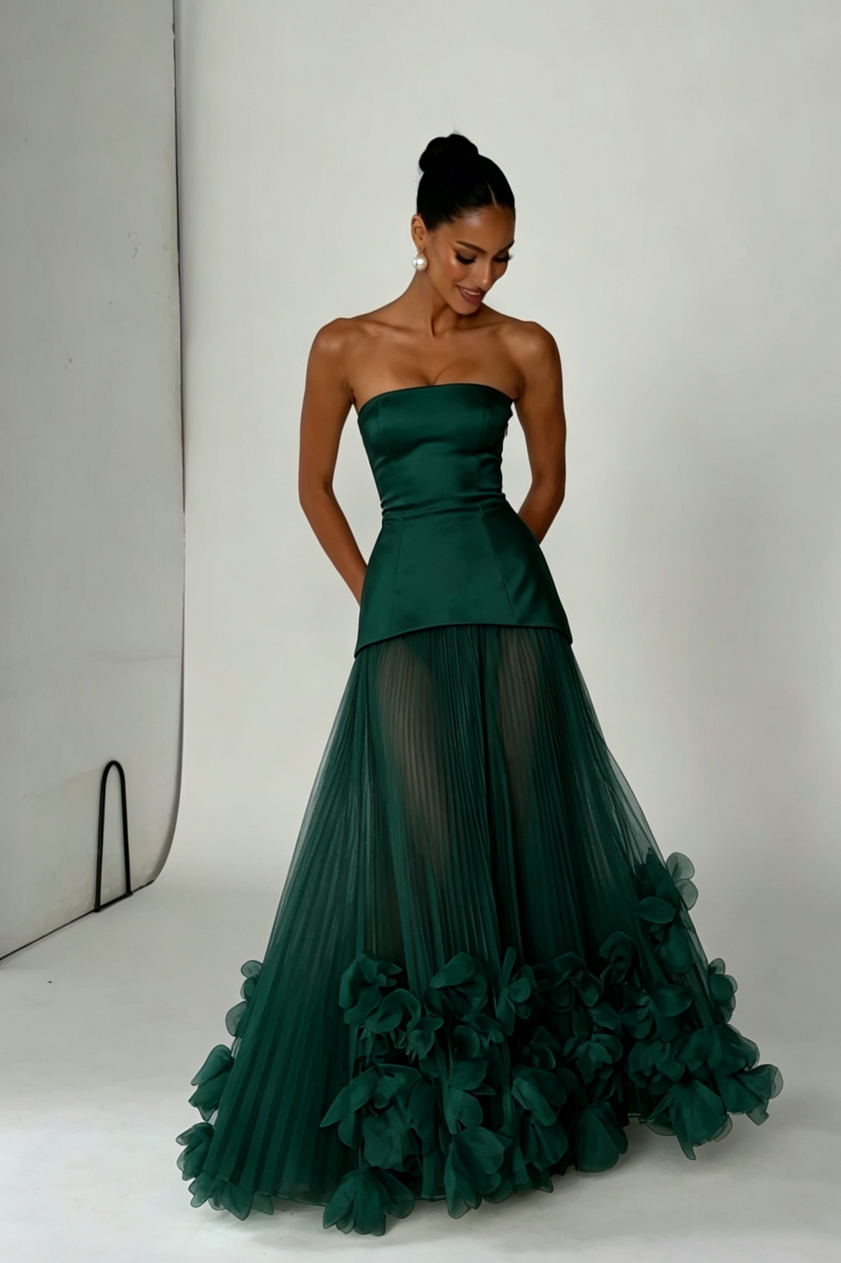 Strapless Pleated Evening Gown with 3D Floral Hem