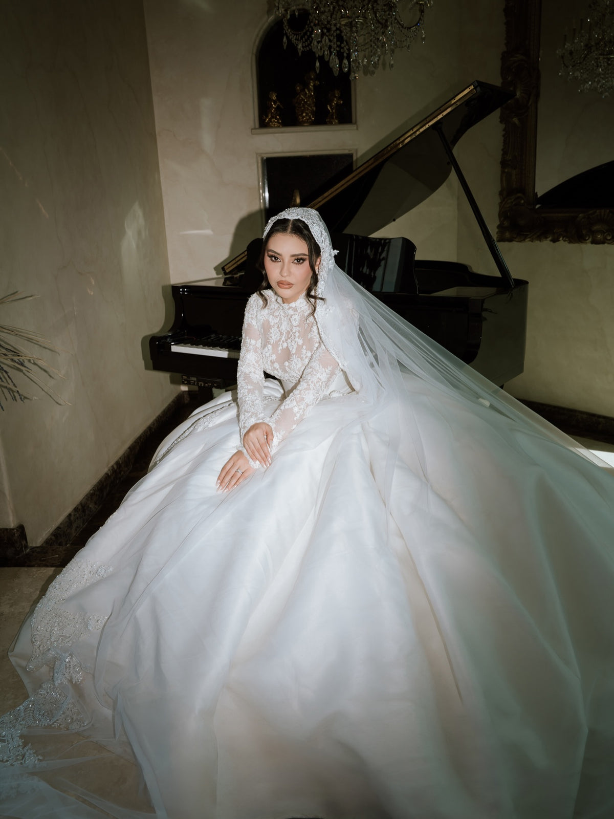 High Neck Lace Bodice Satin Ball Gown Wedding Dress