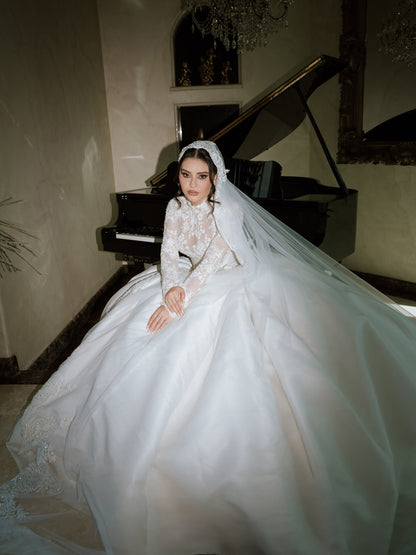 High Neck Lace Bodice Satin Ball Gown Wedding Dress