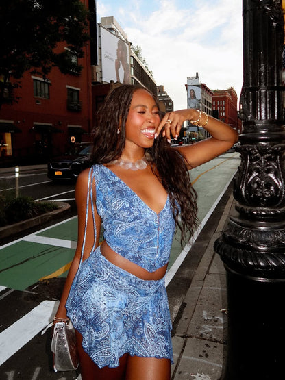 Paisley Print Two-Piece Crop Top and Mini Skirt Set