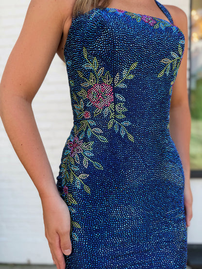 Beaded Floral Halter Bodycon Mini Dress