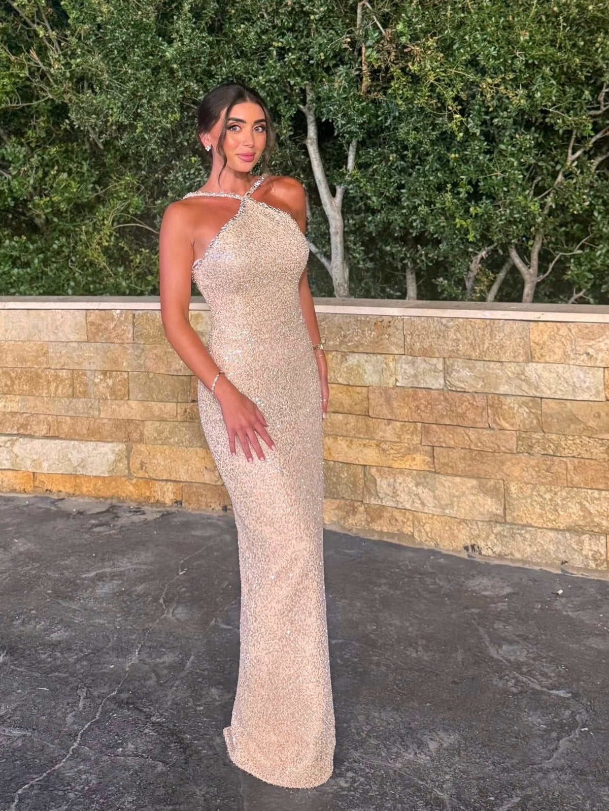 Sequin Halter Maxi Dress with Low Back