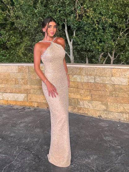 Sequin Halter Maxi Dress with Low Back