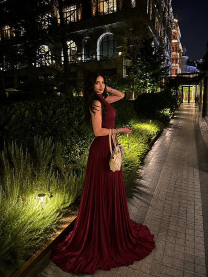 Pleated High Neck Sleeveless Floor-Length Evening Dress