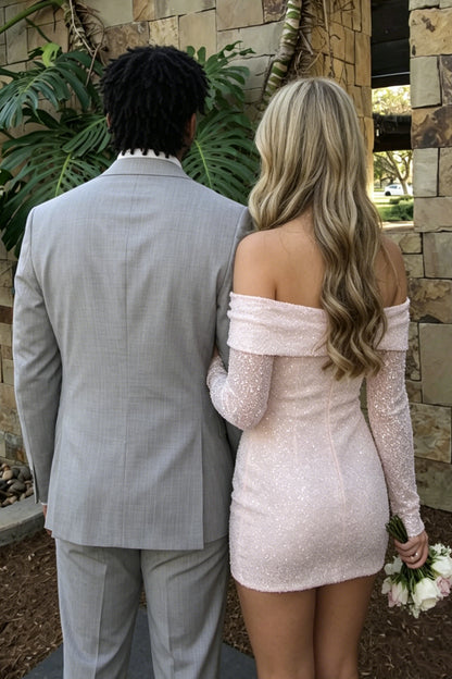 Off-the-Shoulder Sequin Long Sleeve Mini Dress