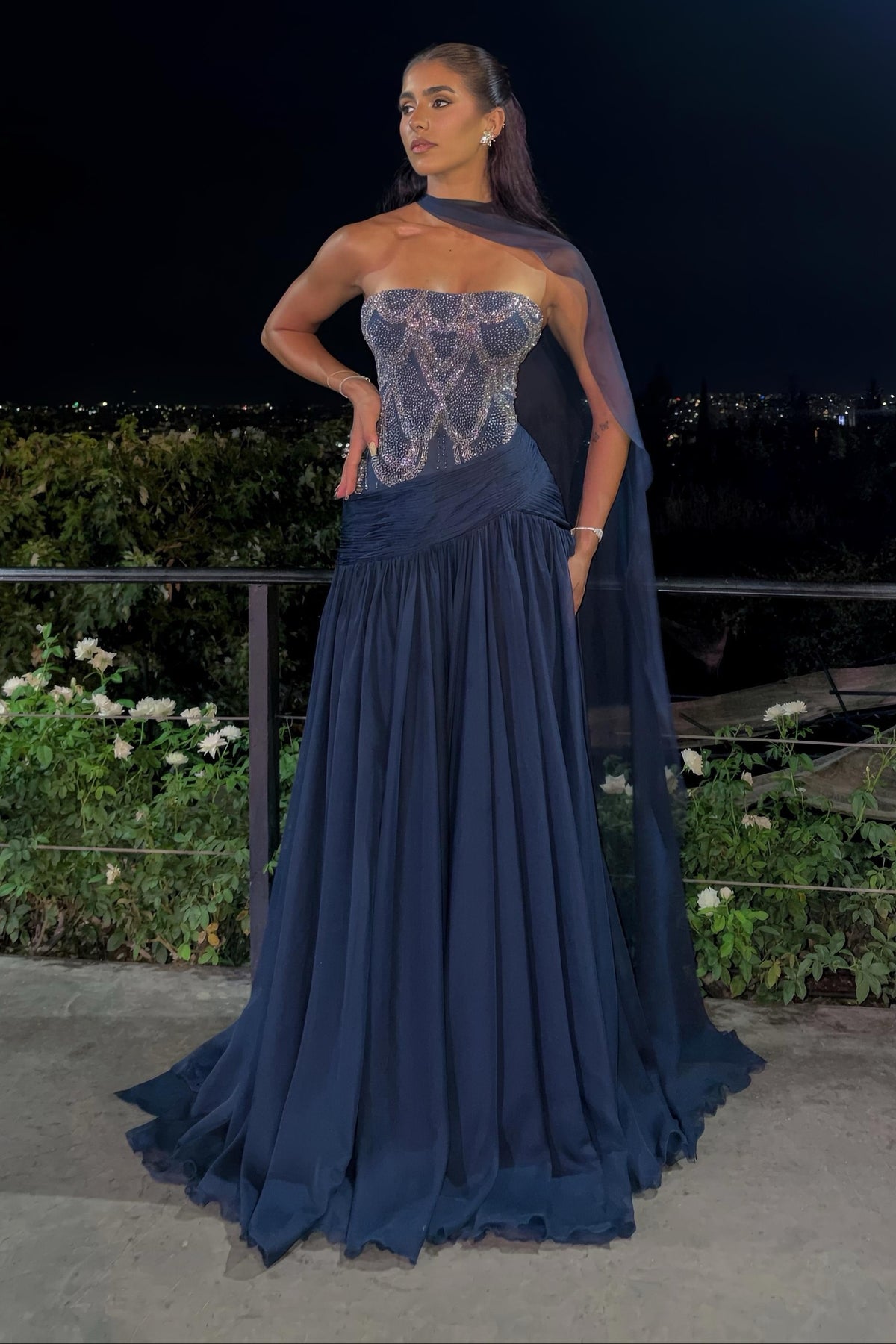 Strapless Beaded Corset Gown with Scarf
