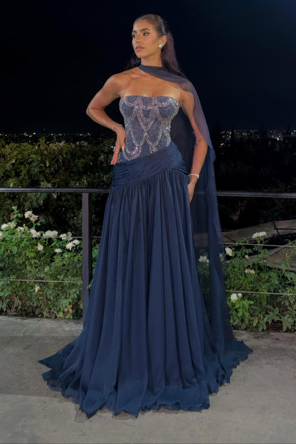Strapless Beaded Corset Gown with Scarf