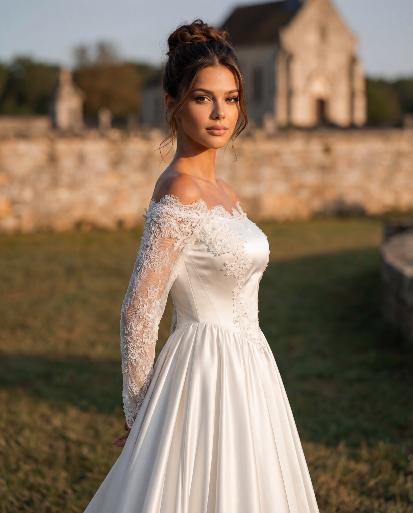 Off-Shoulder Lace Sleeve A-Line Wedding Dress