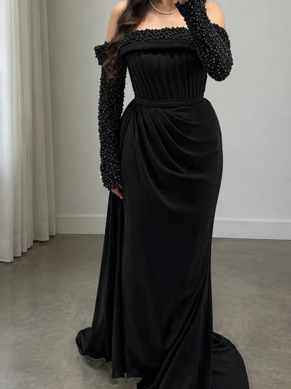 Off-the-Shoulder Pearl Sleeve Corset Evening Gown