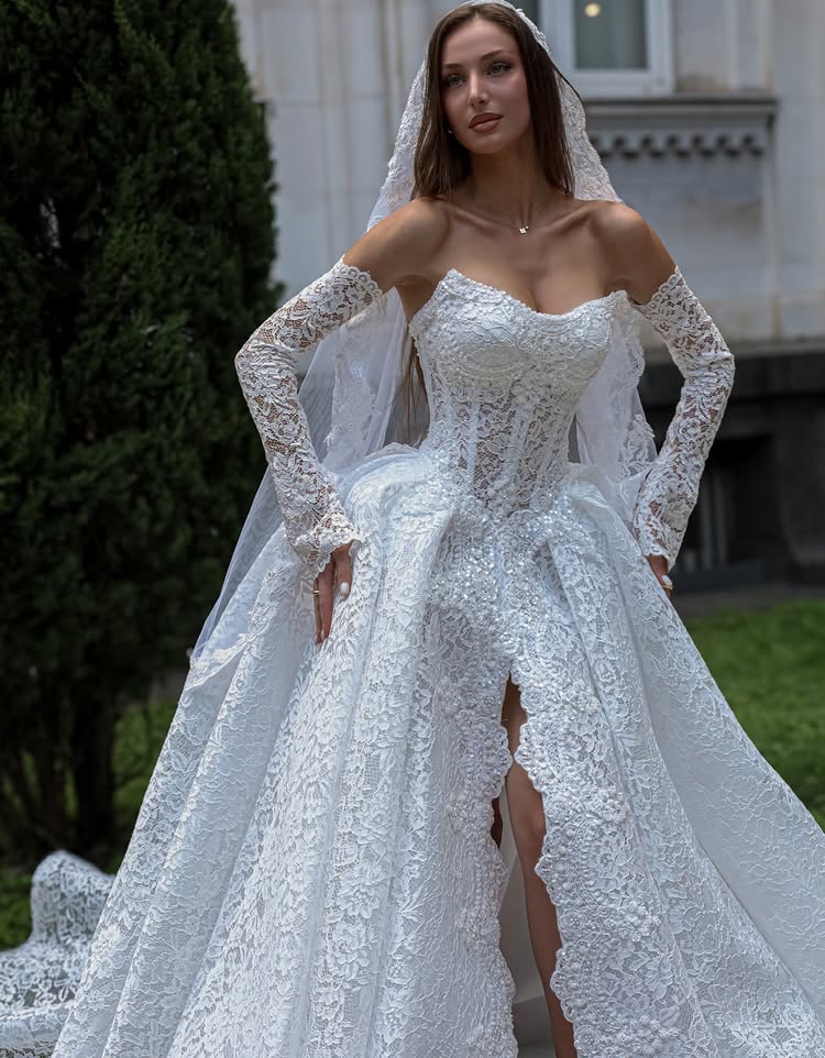 Lace Corset Ball Gown Wedding Dress with Slit