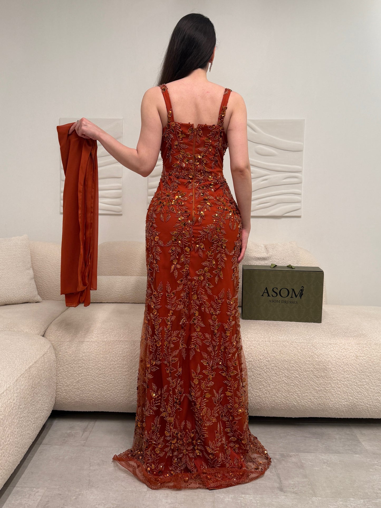 Beaded Floral Embroidered Evening Gown with Slit