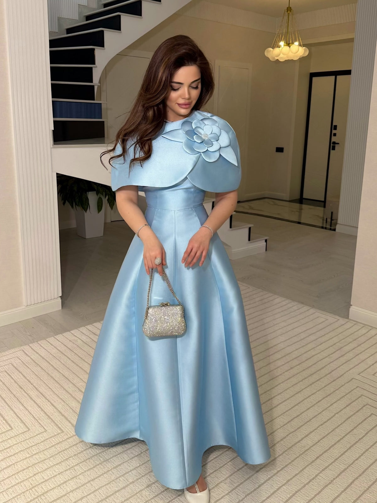 Satin A-Line Dress with 3D Floral Capelet