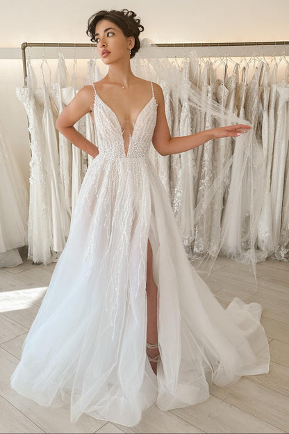 Pearl-Beaded A-Line Wedding Dress with High Slit