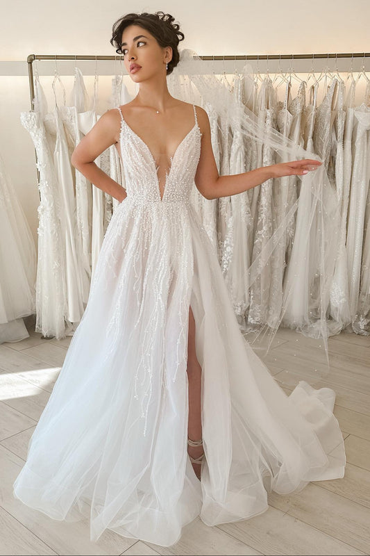 Pearl-Beaded A-Line Wedding Dress with High Slit