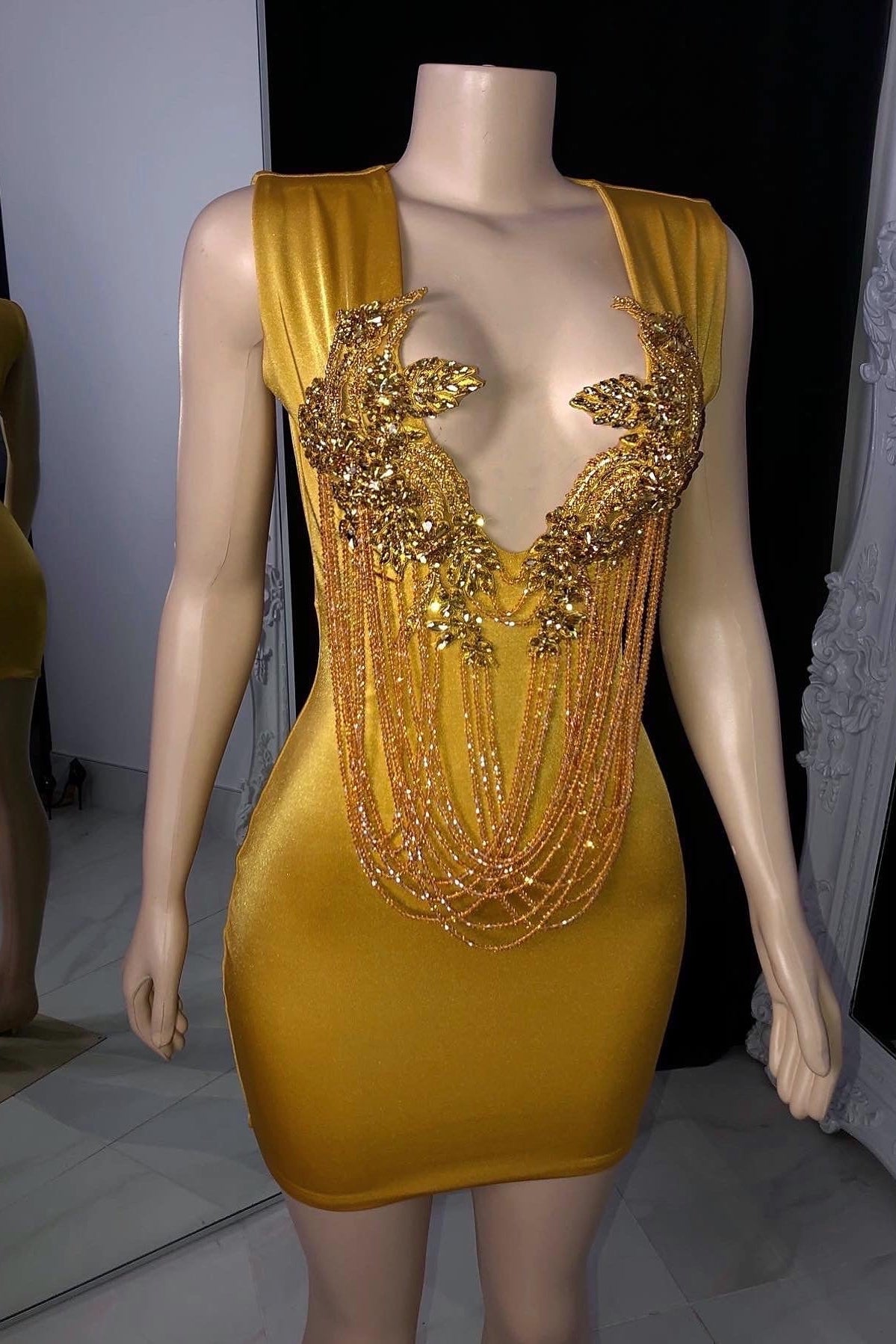 Plunging Beaded Applique Fringe Bodycon Mini Dress