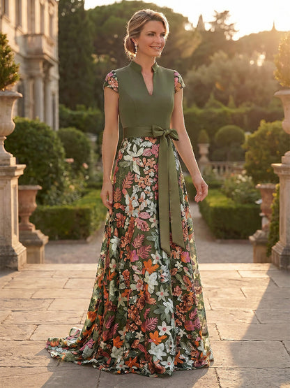 Elegant Floral Embroidered Mock Neck A-Line Gown