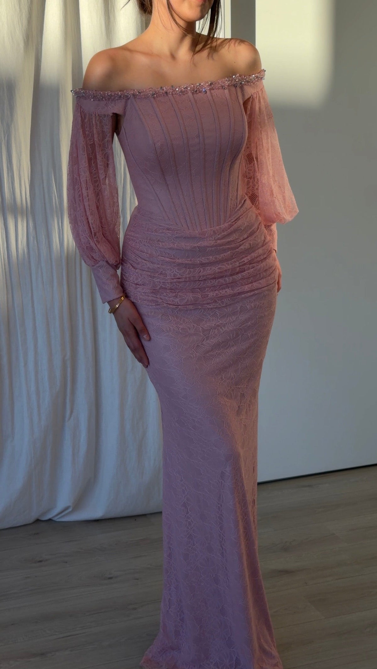 Off-the-Shoulder Corset Lace Evening Gown
