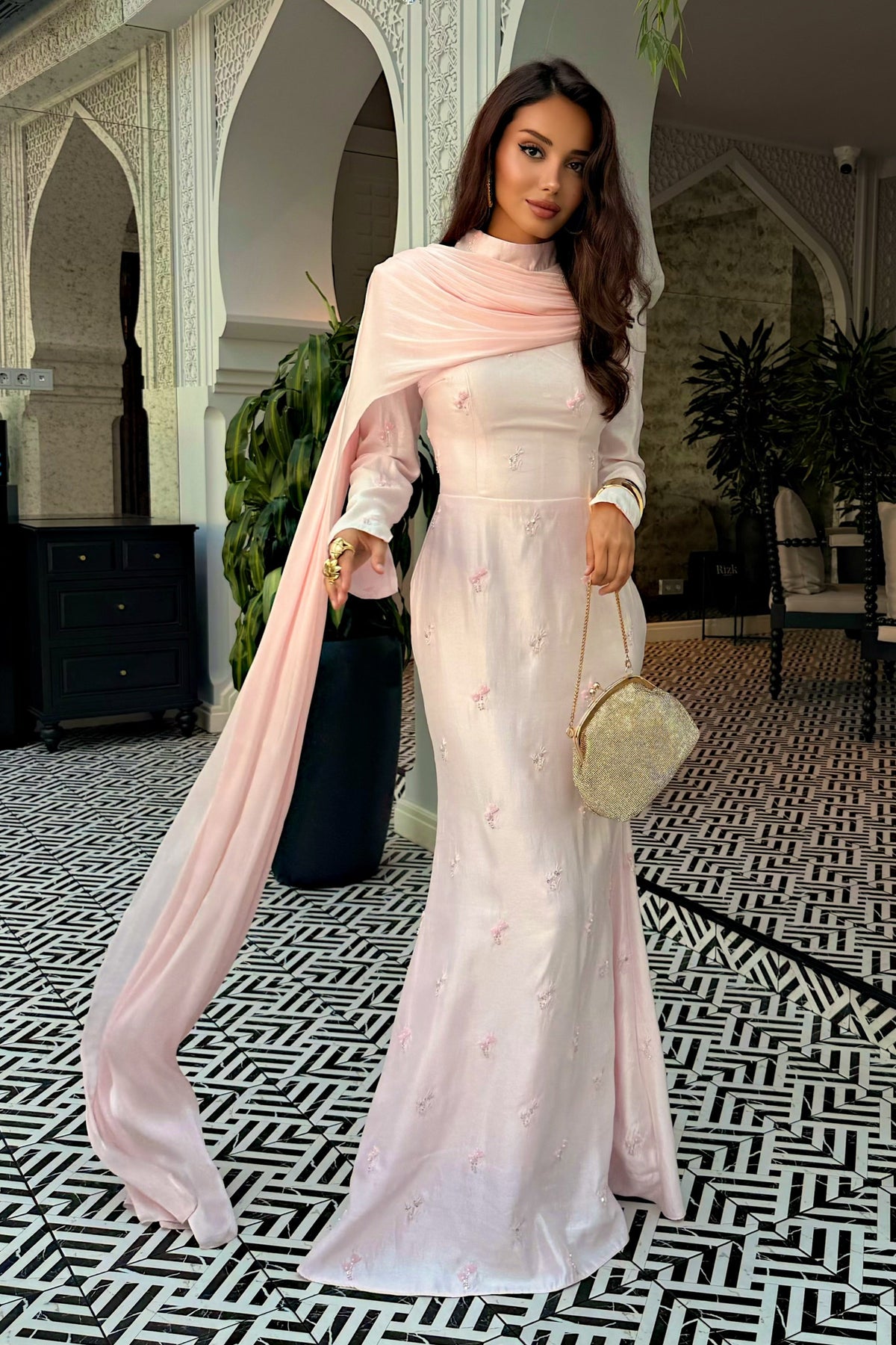 High Neck Long Sleeve Gown with Cape & Corset Back