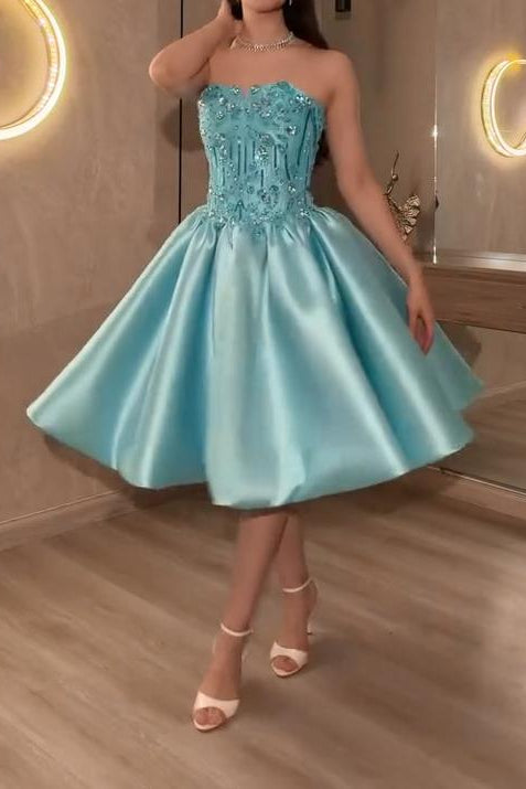 Strapless Satin A-Line Dress with Beaded Corset