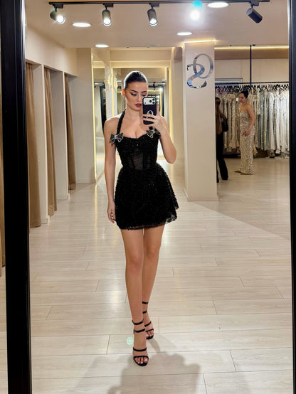 Beaded Corset Halter Mini Dress with Bows