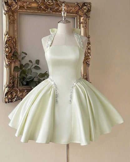 Beaded Halter Satin Princess Mini Dress