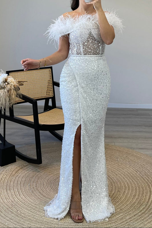 Off-the-Shoulder Feather Sequin Evening Gown