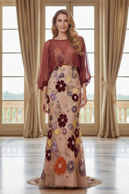Floral Embroidered Maxi Dress with Sheer Capelet