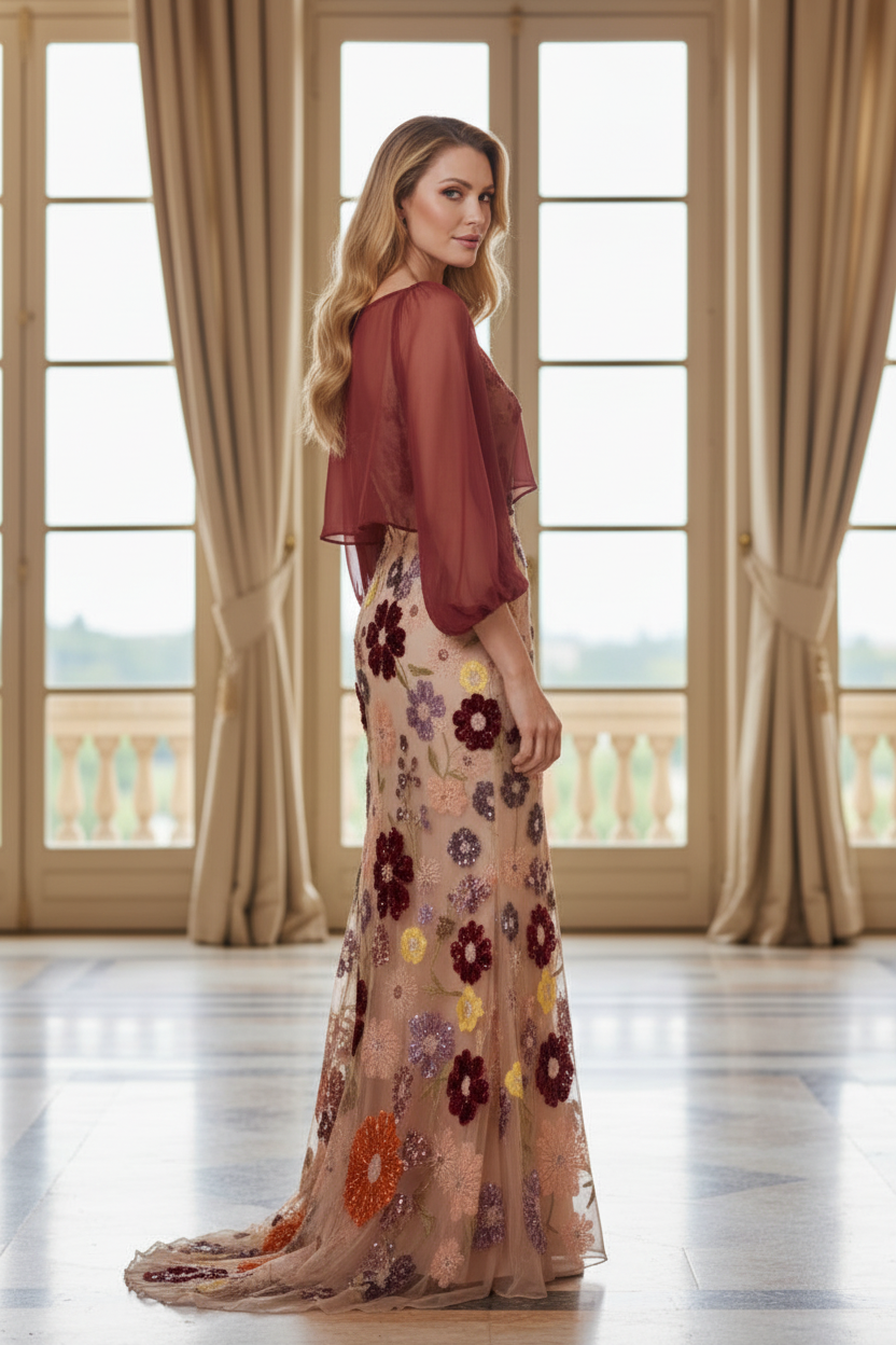 Floral Embroidered Maxi Dress with Sheer Capelet