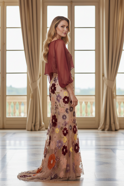 Floral Embroidered Maxi Dress with Sheer Capelet