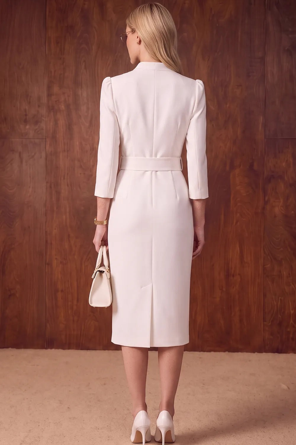 Belted Midi Sheath Dress with 3/4 Sleeves