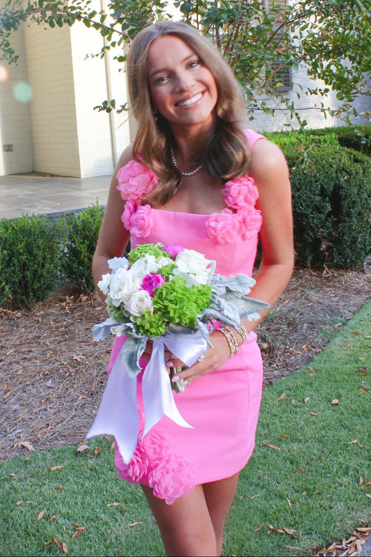 Square Neck Mini Dress with 3D Floral Appliques
