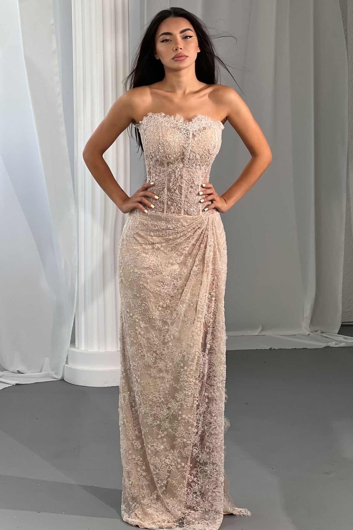 Strapless Lace Corset Column Gown with Draped Skirt