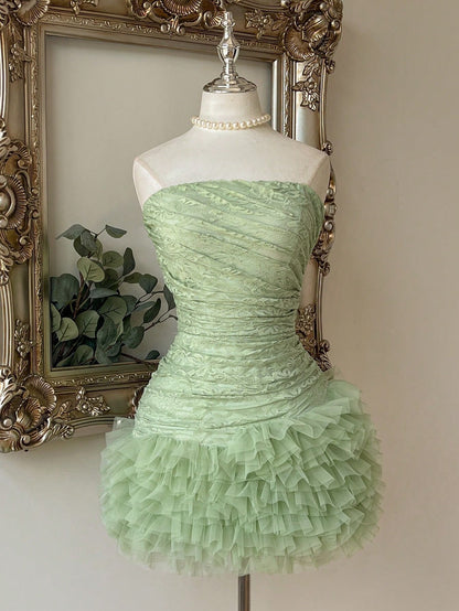 Ruched Strapless Ruffle Mini Dress