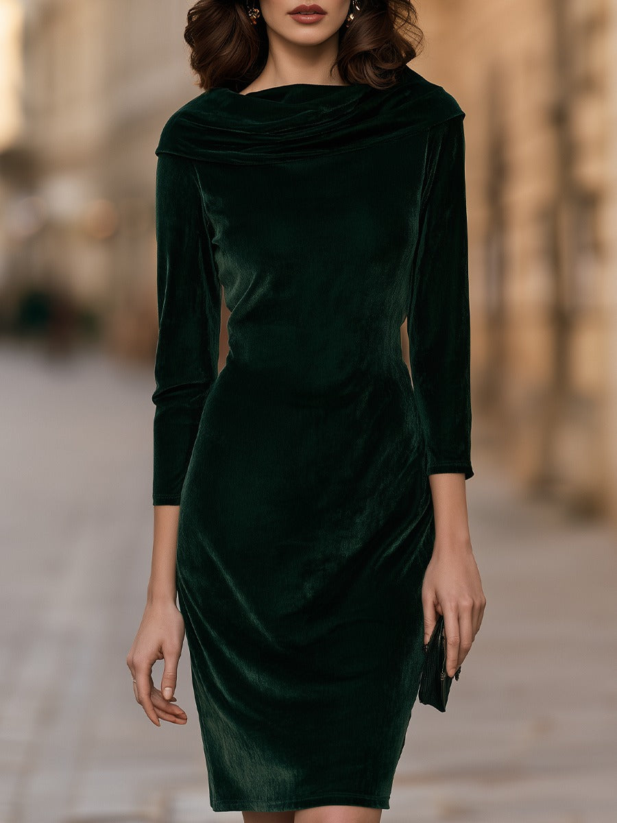 Cowl Neck Velvet Long Sleeve Midi Sheath Dress