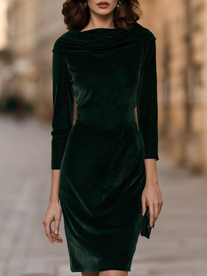 Cowl Neck Velvet Long Sleeve Midi Sheath Dress